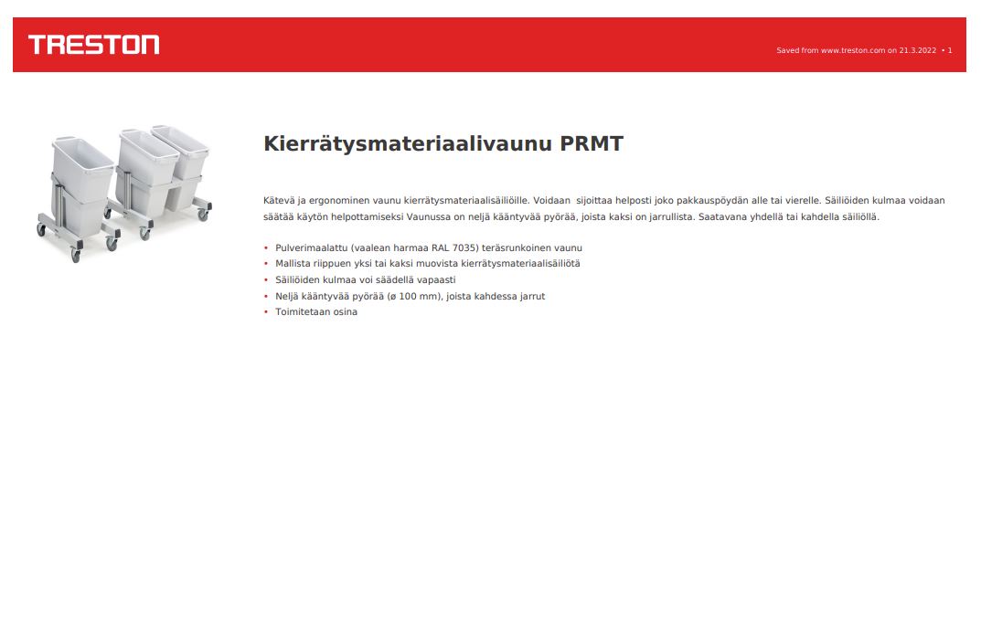 Kierrätysmateriaalivaunu PRMT tuotekortti