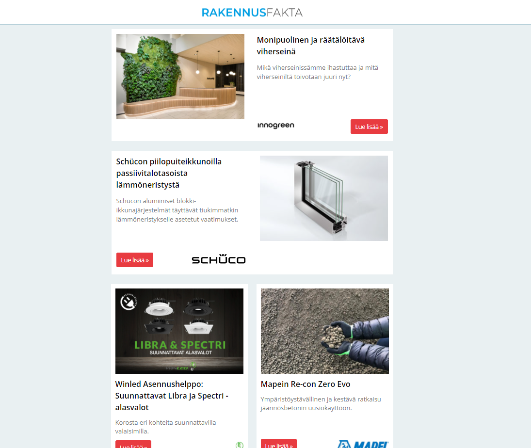 Viherseinät | Suunnattavat alasvalot | Ikkunajärestelmät | StayClean käsittelyä | Jäännösbetonin uusiokäyttö | Katuvalaisimet | Hulevesihaasteet | Tiivistemassat | Viruskiller | Lattiapinnoitteet