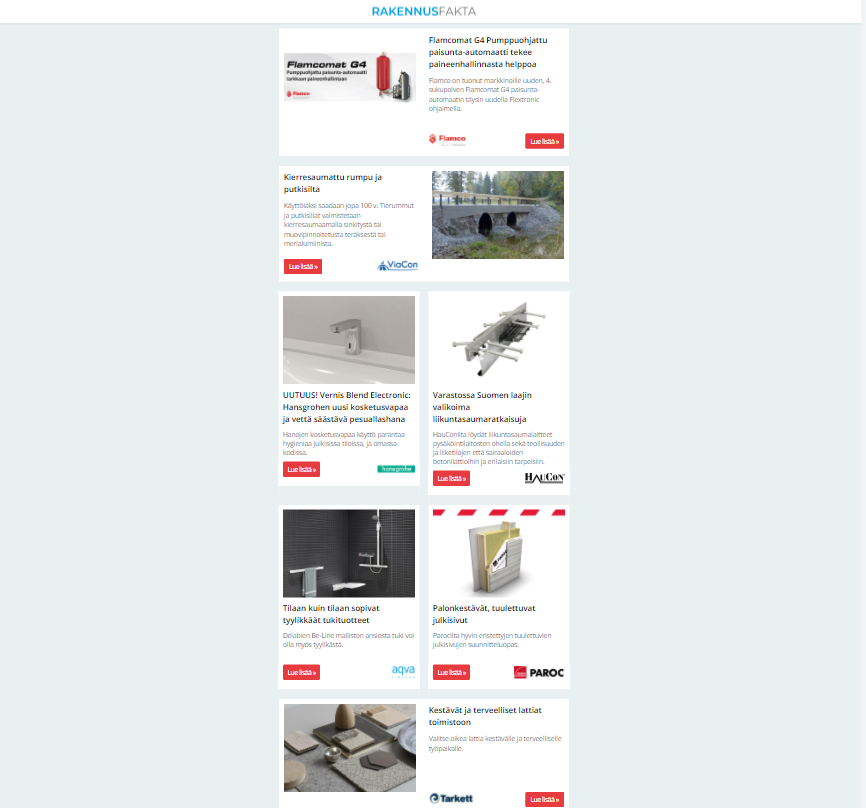 Terveelliset lattiat| Kestävät julkisivut | Ovihidastimet | Minimoi tartuntariskit | Palonkestävät julkisivut  | Kierresaumatut rummut | Tukituotteet| Liikuntasaumaratkaisuja| Kosketusvapaat hanat | Paisunta-automaatit