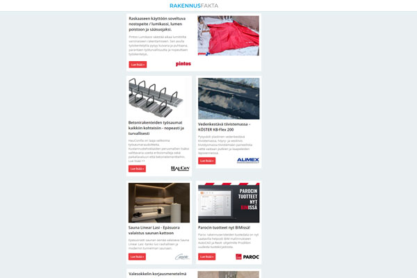 Vedenkestävä tiivistemassa | Betonirakenteiden työsaumat | Lumikassit | BIM tuotekirjasto | Saunan valaistus | Kostutusratkaisut | Esivalmistuksen hyödyntäminen | Valesokkelin korjausmenetelmä | Betonianturat | Remmi-tuoli