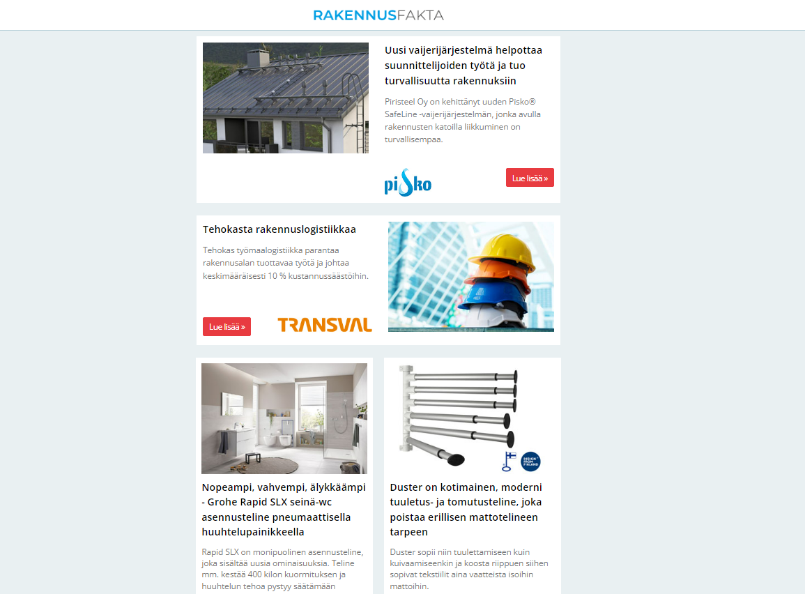 Rakennuslogistiikkaa | Seinä-wc asennusteline | Pistorasiakeskus | Uusi vaijerijärjestelmä | Moderni tuuletusteline | Parvekeliitosten valinta | Vedeneristystuotteita | Tyyppihyväksytty sisäikkuna | ja paljon muuta...