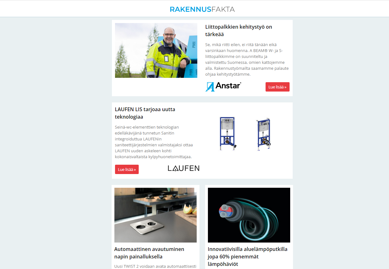Liittopalkkien kehitystyö | Uutta märkätilarakentamiseen | Hulevesikasettijärjestelmät | LAUFEN LIS tarjoaa uutta teknologiaa | Aluelämpöputkilla pienemmät lämpöhäviöt | ja paljon muuta...