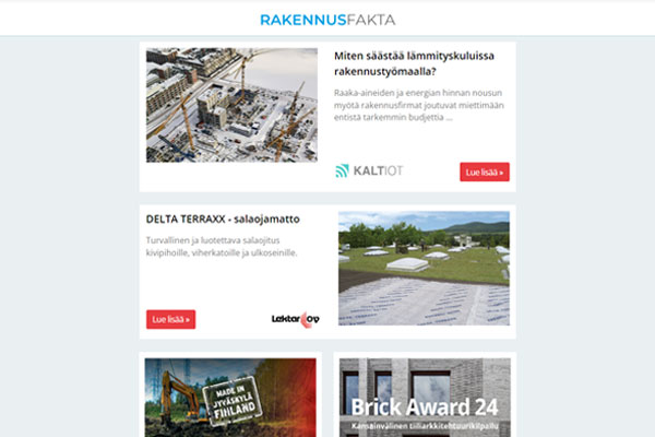 Salaojitus salaojamatolla | Tiiliarkkitehtuurikilpailu | Eristeiden ympäristöselosteet | Sisäilmakorjaus | Energiatehokas kivitalo | Turvavalaisinjärjestelmä | Eroon legionellabakteerista | Kotimaiset maanrakennuskankaat | Työmaan lämmityskulut kuriin