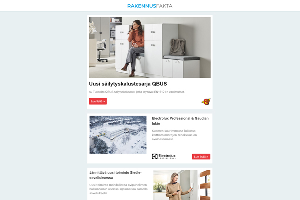 Uusi säilytyskalustesarja QBUS |Electrolux Professional | uusi toiminto Siedle-sovelluksessa | Laadukkaat liikuntasaumat | Päätypontatut tukimuurit | Ilmanvaihtokoneet | Linjakaivot | Matot | Sisäilma | Työmaa suojakset | Seinälevyt