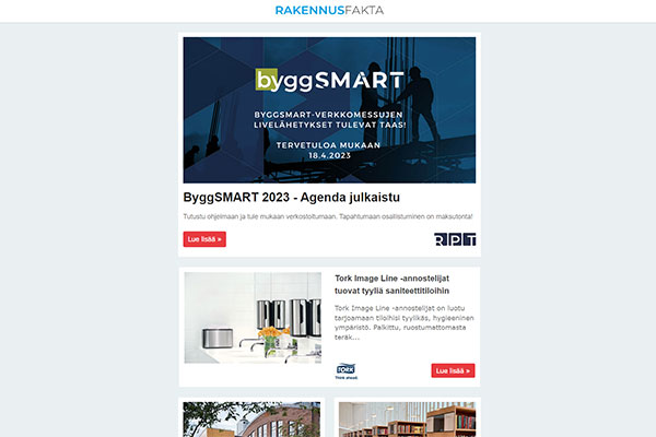 ByggSMART 2023 - Agenda julkaistu | Kuivana pysyvä julkisivu | Lasiliukuovet | Hiljainen kiinteistöviemäri | Kattomateriaalit takuulla | Kunnostaminen ilmastotoimena | Tyyliä saniteettitiloihin | Korkealaatuiset kivitasot | IS-Vet ostaa Sisuwoodin