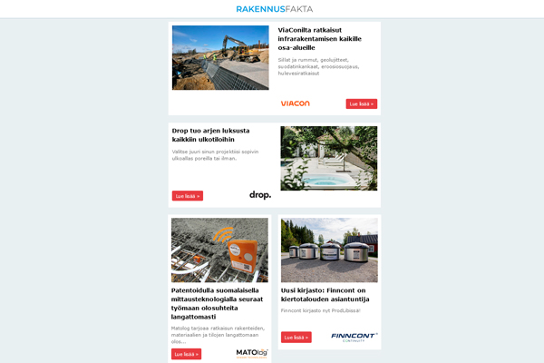 Viacon infrarakentaminen | Patentoitu suomalainen mittausteknologia | Vuotojuoru-vuodonilmaisin | Tessera Accord -tekstiililaattamallisto | Ilmasuodattimet | Ulkoaltaat  | Finncont kiertotalous | Tiilet ja muuraus | Kaihtimet ja latauskaapit|