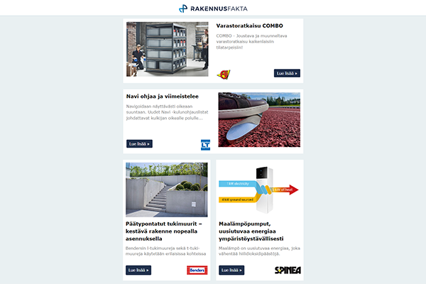 Varastoratkaisu COMBO | Timelapse-video työmaalta | REACH-lainsäädäntö | Maalämpöpumput | Hulevesien käsittely | EPD-ympäristöselosteet | Tukimuurit | Pienvarusteet | Ilmanvaihdon elinkaaripalvelu | Kulun­ohjaus­listat | LVIS-tarvikkeet | Rakennuslaakerit