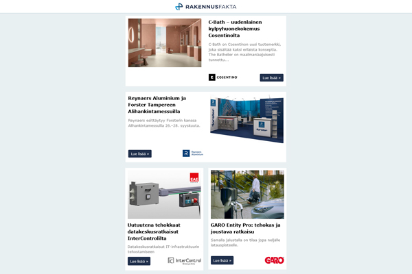 Kylpyhuoneet | Reynaers Alihankintamessuilla | Datakeskusratkaisut | GARO Entity Pro | Kiertovesipumppu| Pisara Habitaressa | Korjausrakentaminen | Vinyylimatot | Kuivasirote- ja kovabetoni | Kuitusementtilevyt | Käyttöveden hallinta