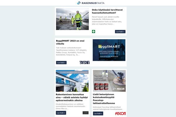 Haavanhoito | ByggSMART | Omakotitaloasuminen | Lattiasirotteet | Kuntosalilattia | Uimahalli | Condair-webinaari |  Julkisivun värit | Kylpyhuone | Linjalattiakaivot | Työmaa | Kulunhallintajärjestelmä | Hanat & suihkut| LED-valaisin