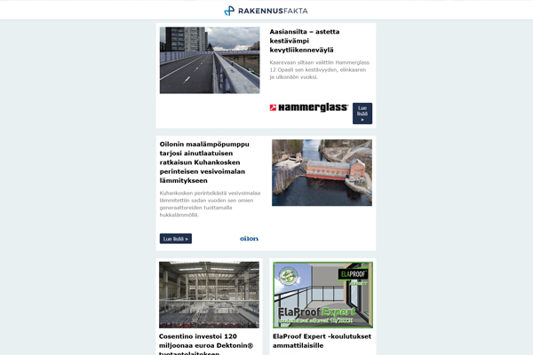 Aasiansilta | Oilon Maalämpöpumppu | Cosentino investoi 120 miljoonaa | ElaProof Expert -koulutukset | Talopaketit | Kovabetonikorjaukset | Pisara kylpyhuoneet Kiinteistö 2023 -messuilla | Funkis Pro | Stenilta uusi digitaalinen tyokalu