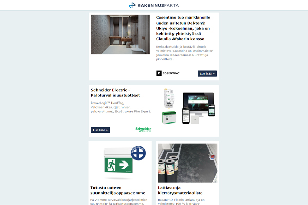 Rakennusfaktan vuosi 2023 | Liukuovi saunaan | Kivipöydät | Vain parasta WC-tiloihin | Lattiasuoja kierrätysmateriaalista | Sähköiset paloturvallisuustuotteet | Turvavalaistusjärjestelmien suunnitteluopas | Uritetut seinäpinnat