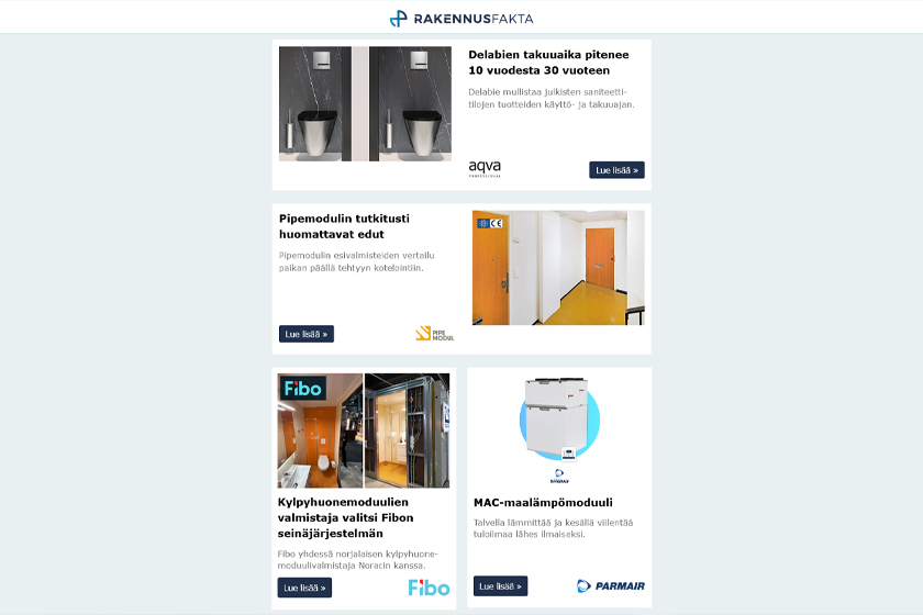 Delabien takuuaika pitenee | Pipemodulin edut | Seinäjärjestelmät | Maalämpömoduuli | Urbaania vehreyttä | F90K kovabetoni | Semtu raudoitusta | BMI Järjestelmätakuut | Pergo Laminaattilattiat | KWC Kalla PRO | Esteri Airwall Pro |