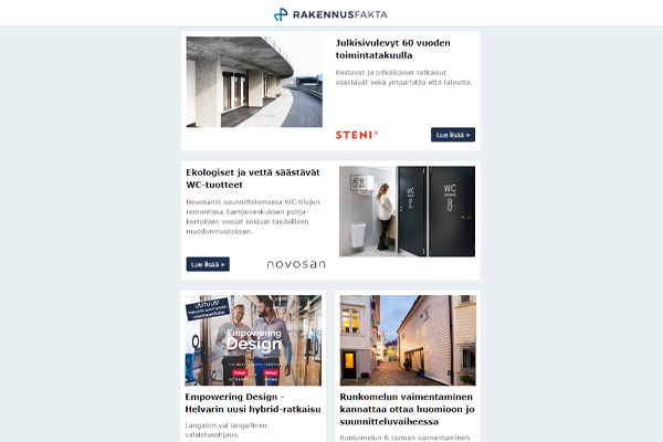 Tehokas teollisuusvalaisin | Muunneltavat työtilat | Kestävämmät kalusteet | Ilmankuivaus-webinaari | Lujitemuoviovet | Kierrätysmateriaalit | Näkymätön keittotaso | Sammutusritilä | Runkomelun vaimennus | Valaistusohjaus | WC-tuotteet | Julkisivulevyt