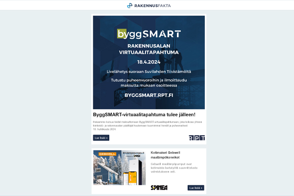 ByggSMART - tapahtuma | Kotimaiset Gebwell maalämpökoneikot | Kalkkikiven kuvioinen keramiikka | Lämpö-/kosteusmittari | Seinäpintojen tasoitus ja viimeistely päivässä | MasterPatio-lasiliukuovi | Analytics Pro | Rakennusfakta |