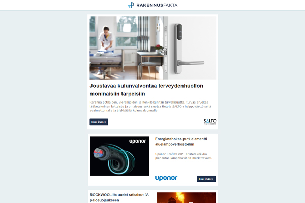 Terveydenhuollon kulunvalvonta | Pehmeät jalkalistat | Puuelementit teolliseen rakentamiseen | Tehokas WC-huuhtelu | Hybridimineraalipinnat | Eristetyt aluelämpöputket | IV-palosuojaus | Kylpyhuoneen seinäpaneelit | Ensiapuasemat