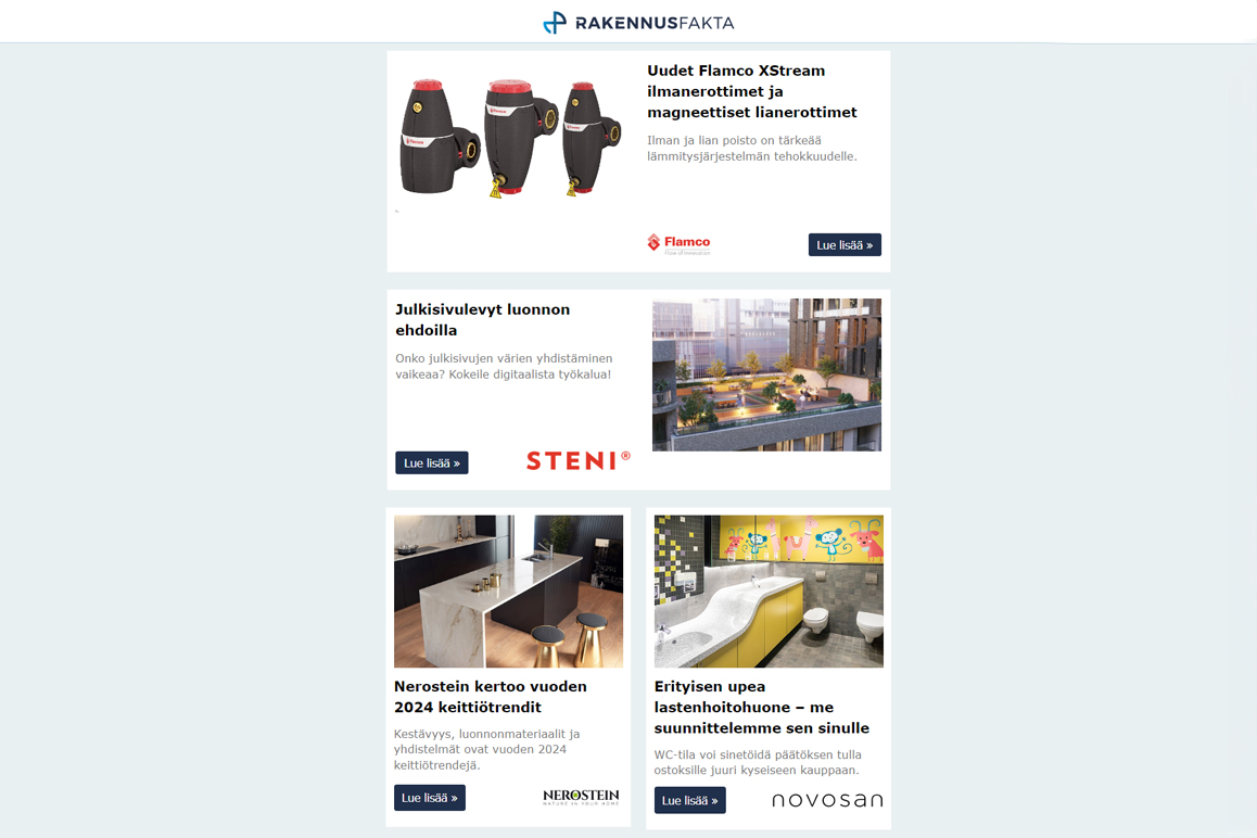 XStream ilmanerottimet | Julkisivulevyt | Vuoden 2024 keittiötrendit | Upea lastenhoitohuone | Toimistotyötä tukemassa | Kotimaista kylpyhuoneeseen | Lattiakaivot ja -altaat | Luontoa sisätiloihin| Akustiikkalevyt | Laadukkaat lattiakaivot