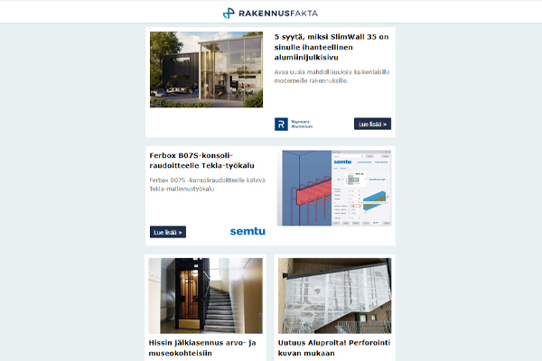 Pikajuotosbetoni jälkivalukohteisiin | Kotimaiset turvavalaisimet | Rakennusmateriaalien välivarastointi | Kuvioperforoidut metallilevyt | Jälkiasennushissit | Konsoliraudoitteen mallinnustyökalu | Alumiinijulkisivut