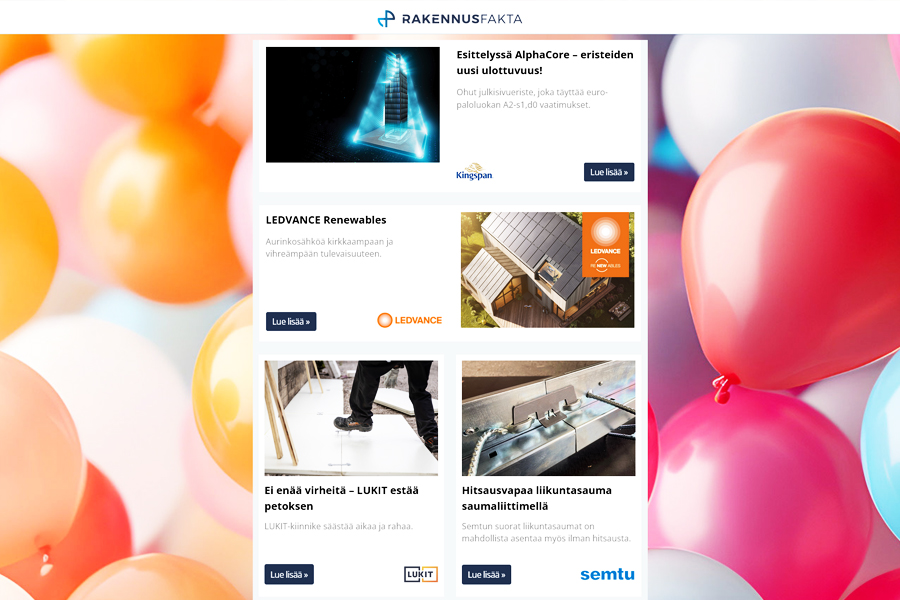 AlphaCore uutuus | LEDVANCE Renewables | LUKIT estää petoksen | Hitsausvapaa liikuntasauma | Sovella webinaari | Certex kuormansidontapalvelut | Potilaspaneelit | Kausikasvit kesäksi | Linjasaneeraus | Perustus | Oras keittiö | ItuString+® -kattosäteilijä