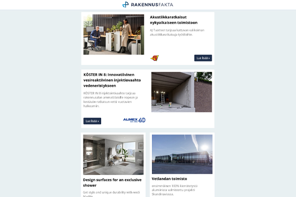 Akustiikkaratkaisut | Injektiovaahto vedeneristykseen | Design pinnat | Vetlandan toimisto | Ledvance Everloop | Vaihtopumput | Uniikit puuviilusävyt | Putjoint Plane lasiseinäjärjestelmä | Harmaiden vesien käsittelyratkaisu