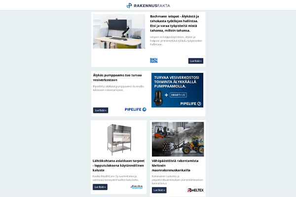 Bachmann iotspot | Älykäs pumppaamo | Terveydenhuollon kalusteita | Meltexin maanrakennuskankaat | Pesulalaitteiden vuokraus | Lattiakaivoja | Teräsköysien valvonta | Lisäeristäminen | Panospuhdistamo | Julkisivu | Rtek Z-sarja | iQ Loop