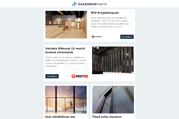 Pintamateriaalien projektimyynti | Siirtoseinät | Vähähiilinen lasi | Ääntä eristävä lasiliukuovi | Eristelevyjen kiinnikkeet | Kylpyhuonehanat | Alipaine-WC | Kevytbetonin palonkestävyysluokitukset
