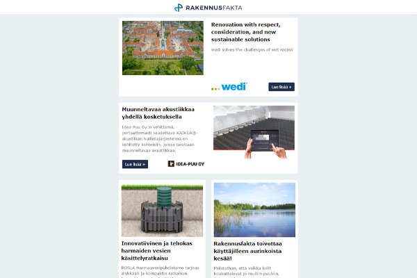 Märkätilojen rakennuslevyt | Harmaavesipuhdistamo | Muunneltava akustiikkajärjestelmä | Julkisten hankintojen seuranta | Total Market -ennuste