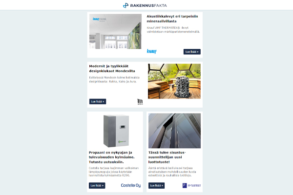 Akustiikkalevyt mineraalivillasta | Tyylikkäät kiukaat | Tehokkaat lämpöpumput | Suihkukaapit | Kattoturvallisuus | Märkätilojen ovenkarmit | Julkisivu kierrätyslasista | Mukautuva valaistus | Lasiliukuovet | Saunan valaistus | Lintuturvallinen lasi