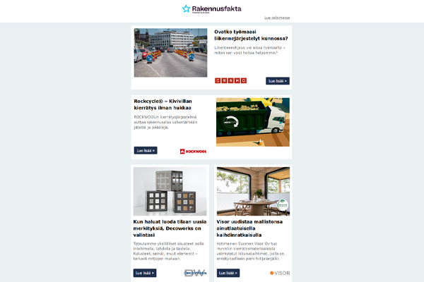 Työmaan liikennejärjestelyt | Kivivillan kierrätys | Yksilölliset sisustukset | Ikkuna­kaihtimet kierrätys­materiaaleista | Julkisten tilojen äänentoisto | Rakenteellinen palo­suojaus | Kattokaivot | Paloeristetyt ilmanvaihto­koneet