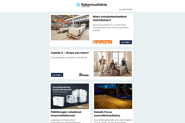 Kevytbetonituotteet | Työtuolit | Ilmanvaihtokoneet | Suunnittelutyökalu lattiakaivoille | Vaihtomatot | Teollisuusympäristöjen säilytyskalusteet | Kivipinnat