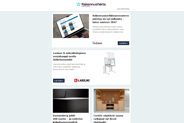 Rakennusmarkkinaennuste | Mikrobiologiset suoja­kaapit | Kylpyhuone­trendit | Saunojen suunnittelumallit | Jätettä vähentävät wc-paperiannostelijat | Keraamiset pihatiilet