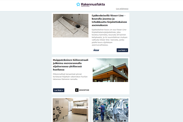 Linjalattiakaivot | Julkisivut | WC:n huuhtelupainikkeet | Keskijännitekojeistot | Parketit | Älykkäät WC-ratkaisut | Viemäröintitarvikkeet | Keraamiset laatat | Lattiapinnat | Palovaroittimet | Kalustealan fuusio | Energiatehokkuus