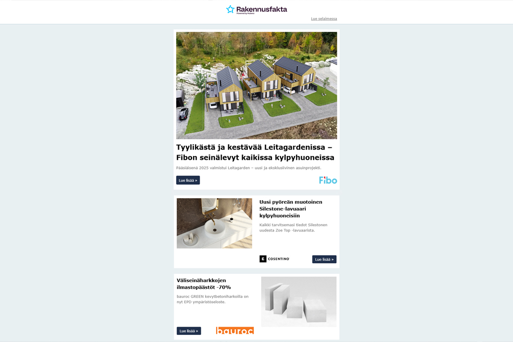 Fibon seinälevyt |Silestone-lavuaari | Väliseinäharkkojen ilmastopäästöt -70% | Vieser Line -linjalattiakaivot | Tuulettuvat ja tuulettumattomat julkisivut | Treston CTRL-valvomopöytä | Quadient postiratkaisut | Työvaatepalvelu | Liikuntasaumalaitteet