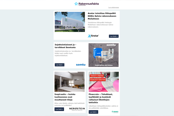 Liittopalkit HUSin Salvia-rakennukseen | Injektointiaineet ja -tarvikkeet | Nerostein inspiraatio | Flowcrete lattiapäällyste | Putoamissuojaus| UUTUUS asuntojen ilmanvaihtoon | Eristysratkaisut | Betonirakentaminen | Lämpöpumppu- ja jäähdytysratkaisut