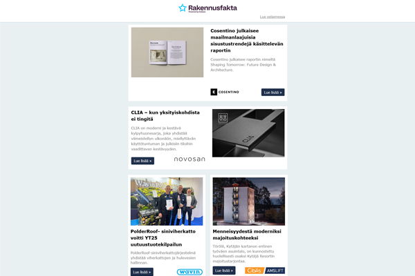 Sisustustrendejä käsittelevä raportti | CLIA kylpyhuonesarja | Sadevesi ilmastokestävissä kaupungeissa | Tiili- ja peltikattotuotteet | Työtilojen valaistus | Vähähiilinen väliseinä | Lammi Kellari |