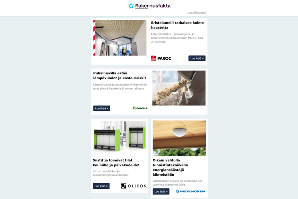Eristelamelli | Puhallusvilla | Tunnistintekniikka | Meriser | Toimivat tilat | Mosaiikkibetoni | Paloeristetyt ilmanvaihtokoneet | Huomaamatonta murtosuojausta |