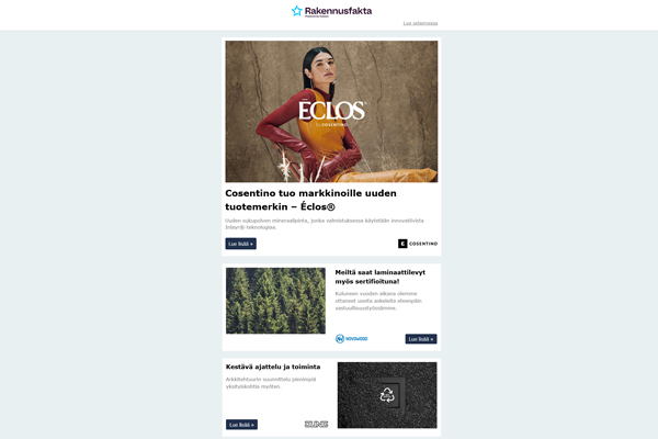 Cosentino Éclos® | Laminaattilevyt | Kytkinsarjat | Arborline-rimaelementit | Algol Trehab | Haapaveden Puukaluste | Kipsilevyt | Vallox Pureo | Teollisuuspinnoite | Puhallusvillaeriste | Kennoharkot