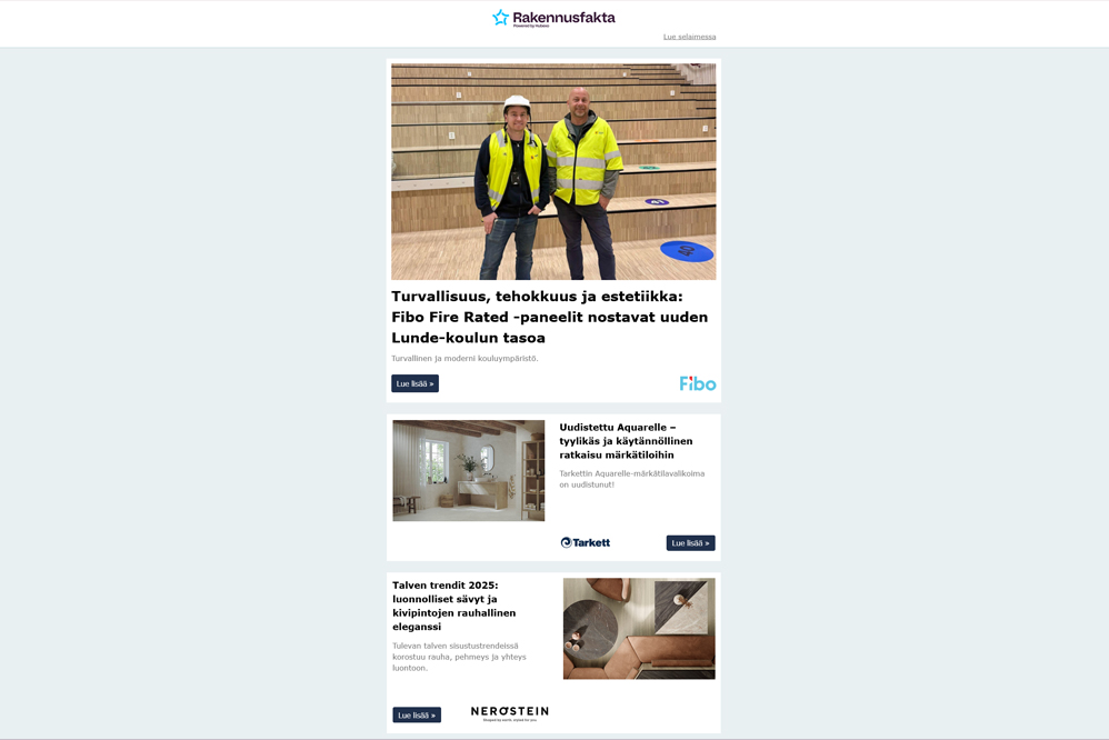 Fibo Fire Rated -paneelit | Uudistettu Aquarelle | Sävyt ja kivipintojen trendit | Lisäeristys Ekovillalla | Vesidata | Naulakko- ja säilytysjärjestelmä | Rakennuslevyt | DryLine® Modular linjakuivatuskouru | Vaihtomatot | Äly-WC | Vihersisustus | DNA