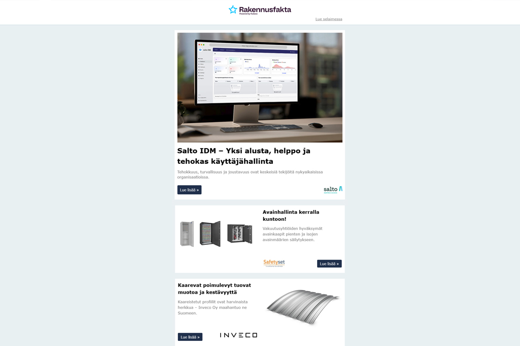 Salto IDM | Avainhallinta | Kaarevat poimulevyt | Kooltherm-eristys | Heaty Ferriline | Opas turvavalaistusjärjestelmät | Weber | PAROC ZEROfix | Otsoson kylpyhuonealtaat | Puhdastilaympäristön tiiviys | Knauf Systemfinder | INCH Duo | TRU-betonilattia |