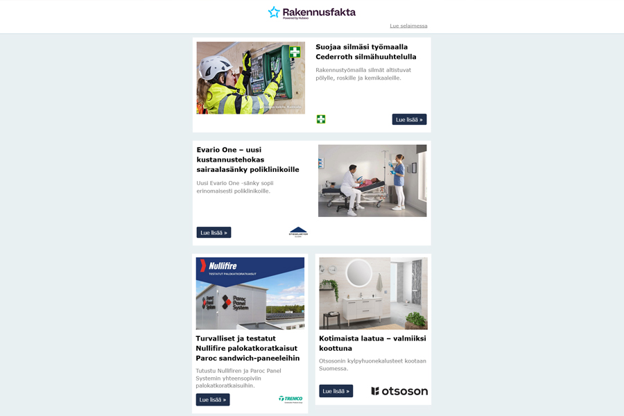 Cederroth silmähuuhtelu | Sairaalasänky  | Palokatkoratkaisut | Kylpyhuonekalusteet | Vinyylimatto | Stainless Team BIM | Viherseinä | Iso-Bloco Hybratec | Erikoislasiratkaisut | Varavoima | Oviverholaitteet | Ääniympäristö | Viemäröinti