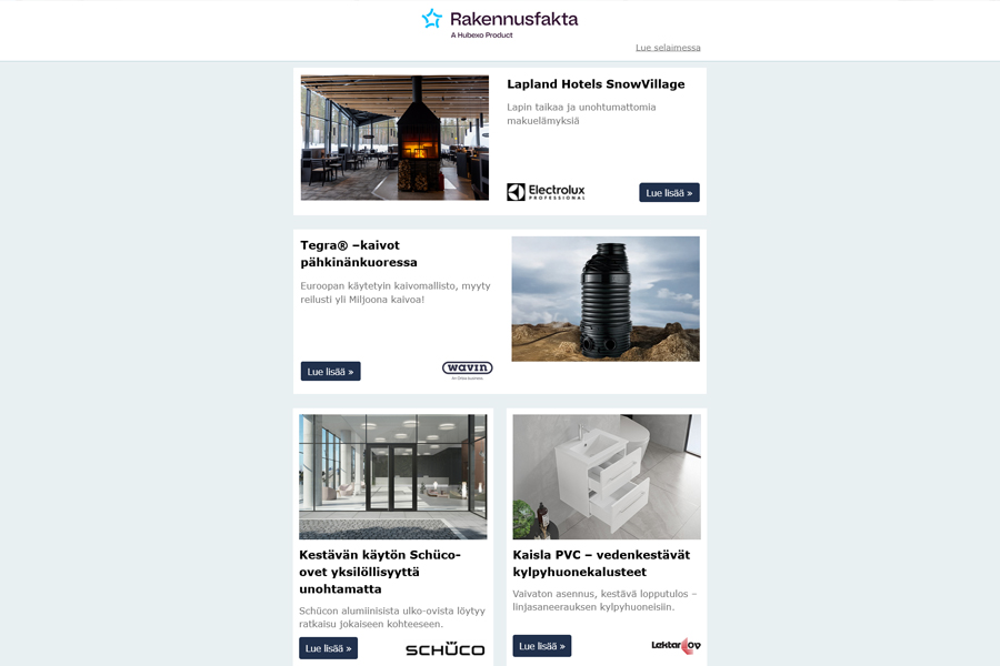 Lapland Hotels SnowVillage | Tegra® –kaivot pähkinänkuoressa | Kestävän käytön Schüco-ovet | Kaisla PVC – vedenkestävät kylpyhuonekalusteet | Työ muuttuu nopeammin kuin rakennukset | Tilavarusteet | BASIC-postilokerikot |