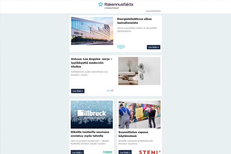 Energiatehokkuus alkaa lasivalinnoista | Los Angeles -sarja | Saumaus onnistuu myös talvella | Suunnittelun vapaus käytännössä | Tegra® –kaivot | Kalusteet kaikkiin työtiloihin | Viherkasvi hiljainen sankari | Smokemaster | Palosertifioidut puutuotteet |