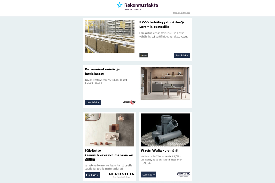 BY-Vähähiilisyysluokitus® Lammin tuotteille | Keraamiset seinä- ja lattialaatat | Keramiikkavalikoima | Wavin Wafix -viemärit | OCHNO – Tervetuloa älykkääseen neuvotteluhuoneeseen | Duratin leikkisän värikylläisellä Murumuru-kokoelma |