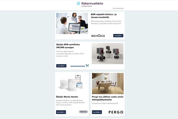 BIM-objektit Schüco | Älykäs EPD-sertifioitu INLINE-pumppu | Älykäs Wavin Sentio | Pergo tuo jälleen uutta uiviin lattiapäällysteisiin | URIMAT & LEED |
