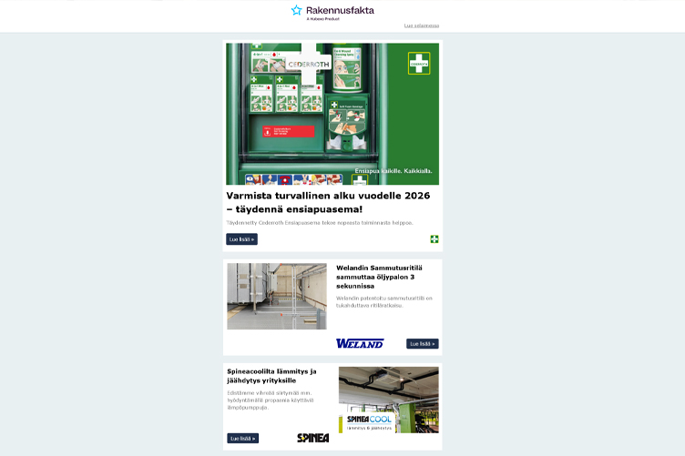 Täydennä ensiapuasema! | Welandin Sammutusritilä | Spineacoolilta lämmitys ja jäähdytys yrityksille | iQ Motion vinyylilattia | ISOVER InsulSafe puhallusvilla | Paloturvalliset ratkaisut elementtirakenteisiin