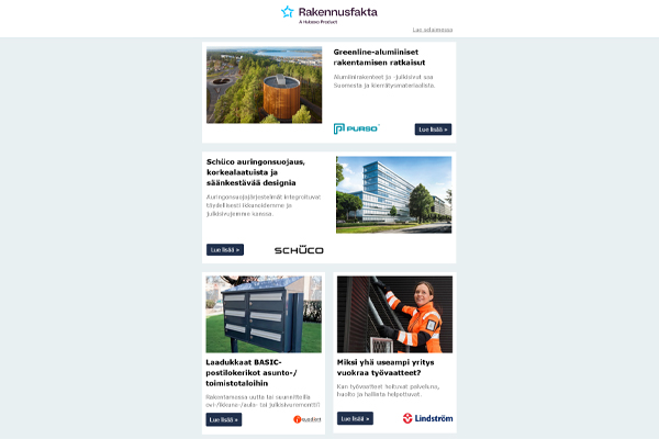 Alumiinirakenteet | BASIC-postilokerikot | Schüco auringonsuojaus | Työvaatteiden vuokraus | ABB Älykoti | Puustelli-kalusteet | Vallox Pureo -koneet | Lukkoponttivinyylilattiat | Teräksiset julkisivukoolaukset ja kiinnikkeet |