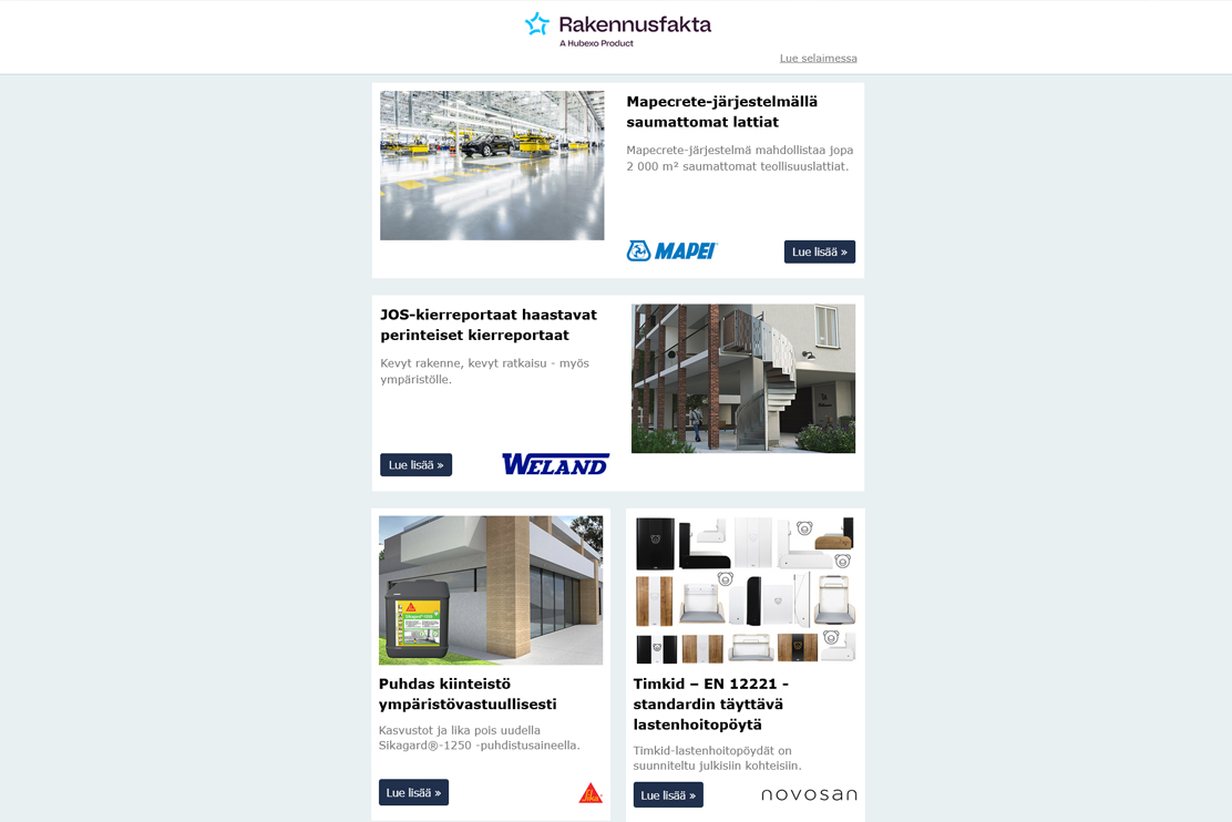 Saumattomat lattiat | JOS-kierreportaat | Puhdas kiinteistö | Lastenhoitopöytä | Palomuuriratkaisu | Kivikoriratkaisu | Tuulettuva julkisivu |