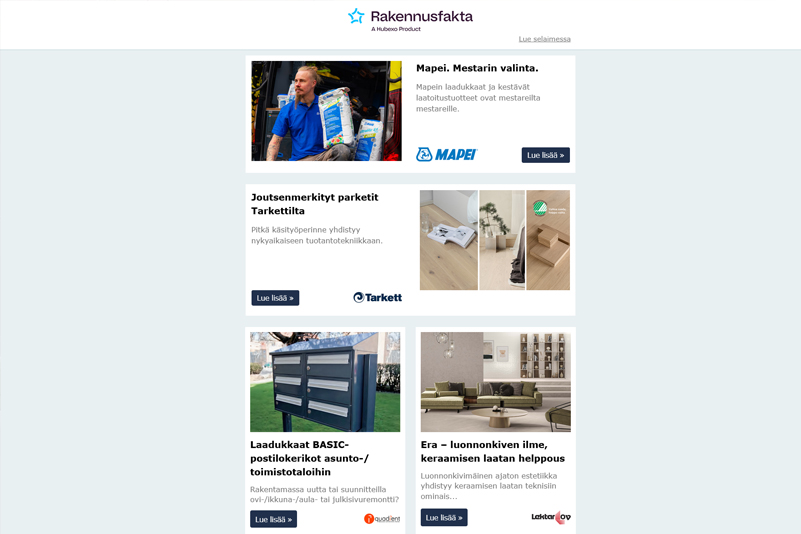 Mapei. Mestarin valinta. | Joutsenmerkityt parketit Tarkettilta | BASIC-postilokerikot | Era – luonnonkiven ilme | Turvalliset ja tehokkaat palveluluukut | Uuden sukupolven ReCooler |  DELABIE tuotteiden myynti Suomessa siirtyy KWC Professionalille 1.6 |