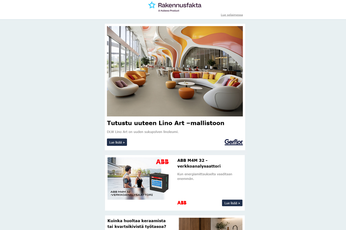 Tutustu uuteen Lino Art –mallistoon | ABB M4M 32 -verkkoanalysaattori | Kuinka huoltaa keraamista tai kvartsikivistä työtasoa? | Tuusulan Rykmentinpuisto | Turvallinen. Kestävä. Näyttävä. | Antimikrobinen seinäpinnoitejärjestelmä | datakeskus