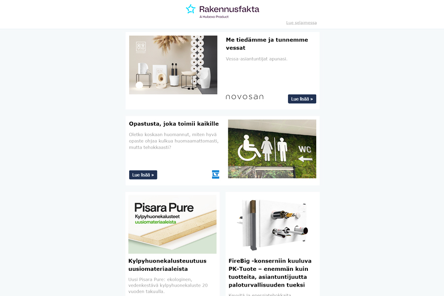 Me tiedämme ja tunnemme vessat | Opastusta, joka toimii kaikille | Kylpyhuonekalusteuutuus uusiomateriaaleista | FireBig -konserniin kuuluva PK-Tuote – enemmän kuin tuotteita| Tarkett laajentaa kierrätyksen kaikkiin lukkoponttivinyyleihin |