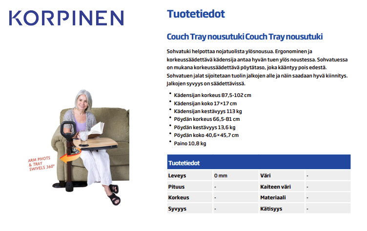 Couch Tray nousutuki tuotetiedot